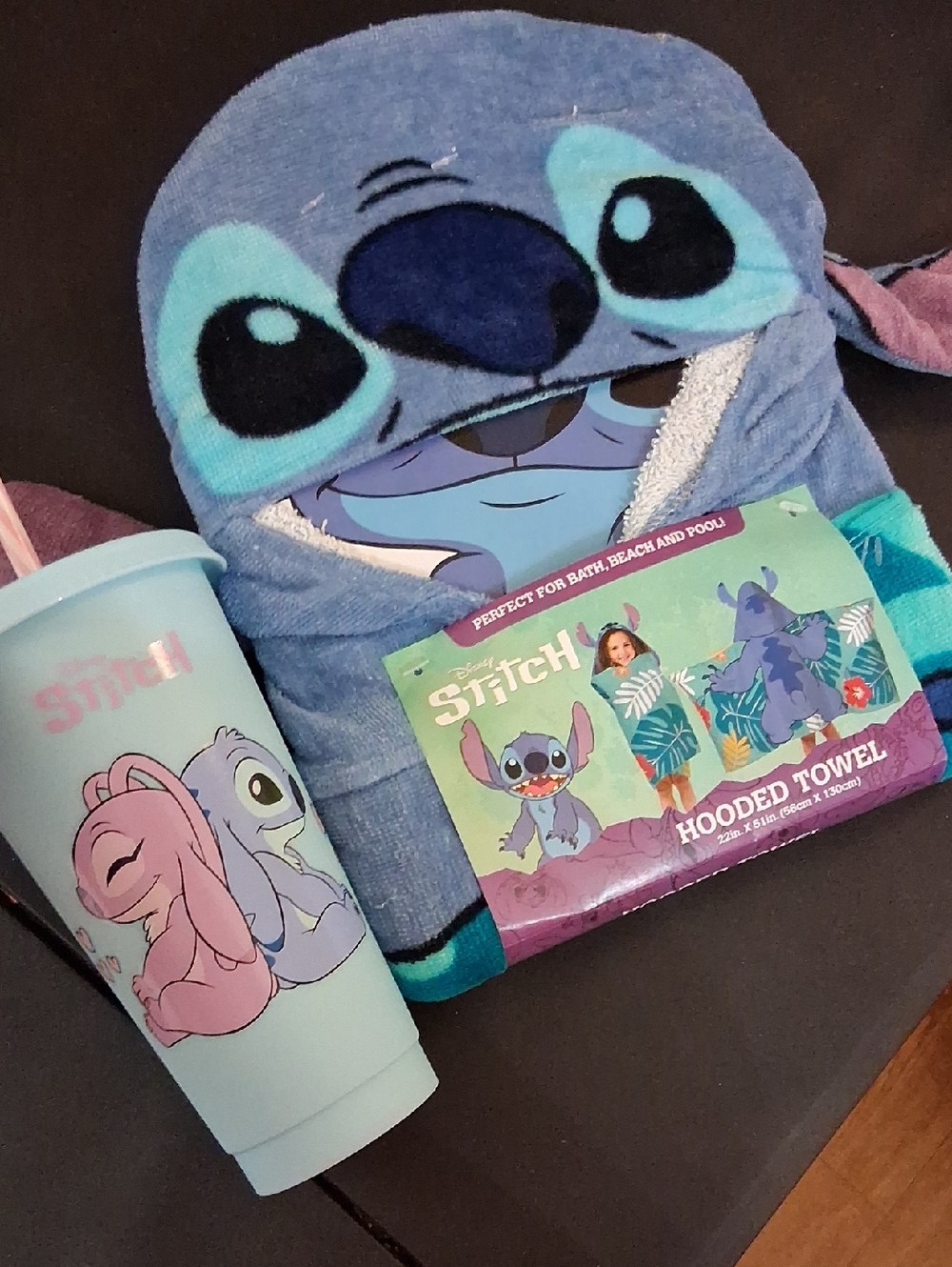 Disney Stitch Hooded Towel and Matching Light Blue Cup